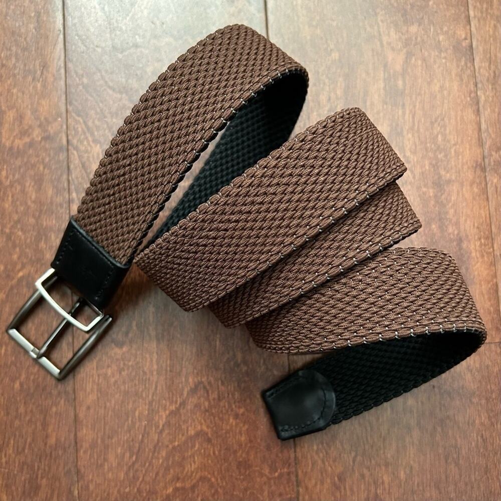 Tommy Bahama Men’s Brown Webbed Belt with Black Leather Trim, Size Large/XL